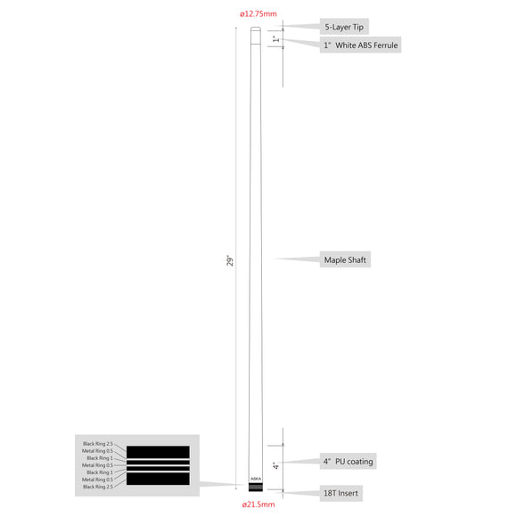ASKA Extra Spare Shaft 5/16x18 Thread Joint 12.75mm Hard Brown Tip. Canadian Hard Rock Maple, Black Collar with Triple Ring, 29 inches, XSTR